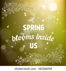 Spring blooms inside us card in vector. Adorable card with greeting text, rabbits, flowers, blur, bokeh. Creative graphic message