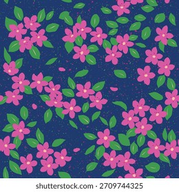Florece la primavera. Patrón con flores púrpuras y hojas verdes en azul