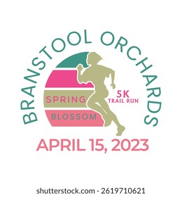 Spring blossom 5K trail run event logo with female runner silhouette and colorful nature theme design
