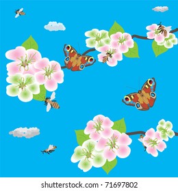 Spring blossom of apple branch with bees and butterflies