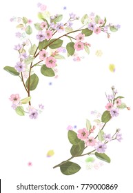 Spring blossom (bloom), branches with mauve, pink apple tree flowers. Bouquet light floret, buds, green leaves on white background. Digital draw, close-up in watercolor style, vintage, vector