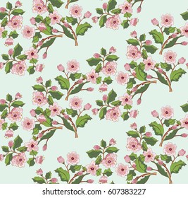 Spring blossom branch, floral ornament with pink flowers, sakura, cherry blossom.
