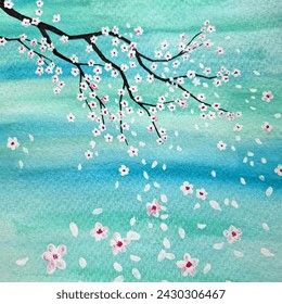 Spring blossom branch vector illustration with pink white flowers and falling petals. Gradient watercolor turquoise blue sky background. Japanese cherry flower, flying petals. Spring card