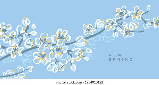 Spring blossom branch vector traced hand drawn element. Shabby sakura flowers for card, header, invitation, poster, social media, post publication.