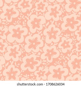 Spring blossom of cherry, sakura, plum in one-color seamless pattern. Vector illustration flower tile motif. Simple silhouette floral rapport in vintage 60s vibes. 