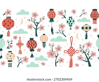 Patrón sin fisuras del festival de la flor de la primavera, linternas y borde sin fisuras del patrón de Sakura. Celebración de primavera asiática con flores de cerezo y linternas, Arte vectorial plano.
