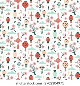Patrón sin fisuras del festival de la flor de la primavera, linternas y ilustración sin fisuras del patrón de Sakura. Celebración de primavera asiática con flores de cerezo y linternas, Arte vectorial plano.
