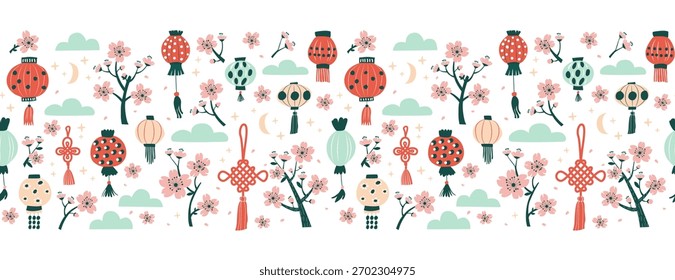 Patrón sin fisuras del festival de la flor de la primavera, linternas y borde sin fisuras del patrón de Sakura. Celebración de primavera asiática con flores de cerezo y linternas, Arte vectorial plano.