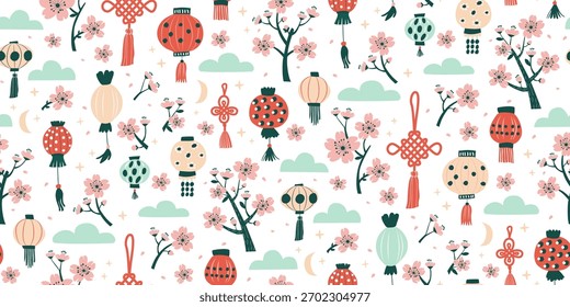Spring Blossom Festival seamless pattern, Lanterns and Sakura seamless pattern Illustration. Asian Spring Celebration with Cherry Blossoms and Lanterns, Flat Vector Art.