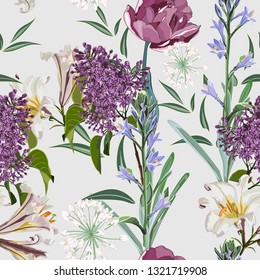 Spring blossom floral seamless pattern. Vintage background. Wallpaper. Blooming realistic isolated lilies, tulips, lilac, bels flowers and herbs. Hand drawn. 