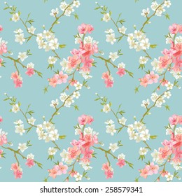 Spring Blossom Flowers Background - Seamless Floral Shabby Chic Pattern - in vector