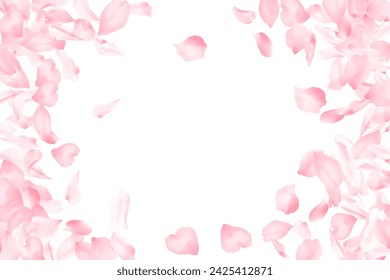 Spring blossom flying petals flower parts falling with wind isolated on white. Vector Valentine's Day background illustration. Sakura blossom pink flower petals. Brooming peach tree elements.