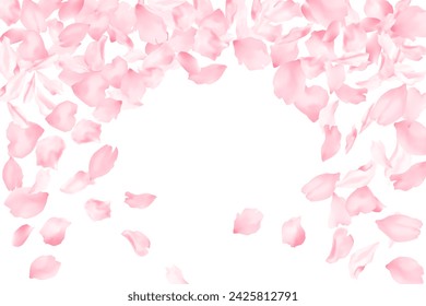 Spring blossom flying petals flower parts falling with wind isolated on white. Vector Valentine's Day background illustration. Sakura blossom pink flower petals. Brooming peach tree elements.