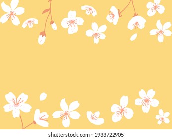 Spring blossom horizontal banner. Apple and peach tree flowers card vector illustration. Yellow background with floral border