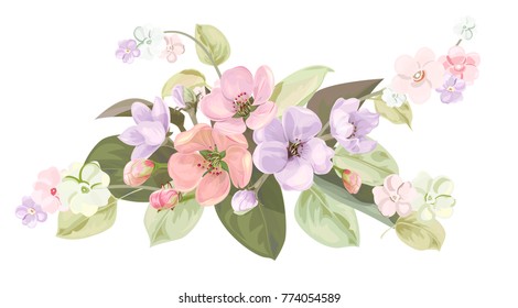 Spring blossom, horizontal border with mauve, pink apple tree flowers. Bouquet light floret, buds, green leaves on white background. Digital draw illustration in watercolor style, vintage, vector