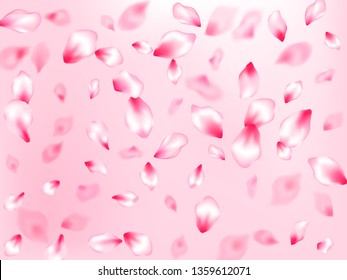 Spring blossom isolated petals flying on rose color background. Botanical 3d particles. Flower blossom particles, petals rain shower. Japanese cherry flower parts falling vector pattern.