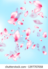 Spring blossom isolated petals flying on blue sky background. Bloom 3d particles. SPA beauty illustration of sakura bloom petals. Japanese cherry flower parts falling vector pattern.