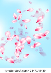 Spring blossom isolated petals flying on blue sky background. Japanese cherry flower parts falling vector pattern. Natural marrige decor of chinese cherry petals. Abstract card backdrop.