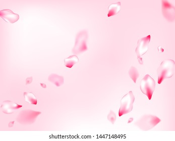 Spring blossom isolated petals flying on rose color background. Spring season backdrop. Pastel pink blossom petals floral design. Japanese cherry flower parts falling vector pattern.