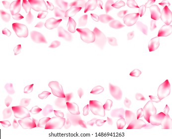 Spring blossom isolated petals flying windy blowing background. Japanese cherry flower parts falling vector pattern. Pastel pink blossom petals floral design. Invitation card pattern.