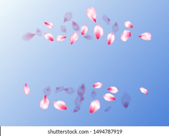 Spring blossom isolated petals flying on blue sky background. Japanese cherry flower parts falling vector pattern. Natural marrige decor of chinese cherry petals. Delicate spring vector.