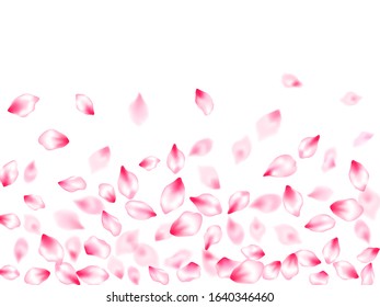 Spring blossom isolated petals flying windy blowing background. Japanese cherry flower parts falling vector pattern. Floral natural blossom soft petals illustration. Spring season backdrop.