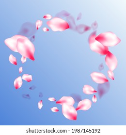 Frühlingsblüte einzeln auf blauem Himmelshintergrund fliegende Blütenblätter. Postcarter Hintergrund. Blumenpartikel, Blütenblätter regnen. Japanische Kirschblütenteile, die in Vektormuster fallen.