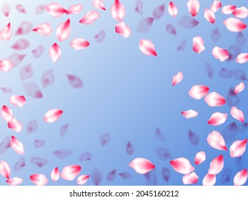 Spring blossom isolated petals flying on blue sky background. Springtime symbols. Realistic peach flolwer petals natural decor. Japanese cherry flower parts falling vector pattern.
