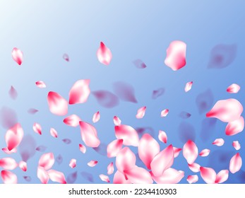 Spring blossom isolated petals flying on blue sky background. Japanese cherry flower parts falling vector pattern. Floral natural blossom soft petals illustration. Wedding celebration eps.