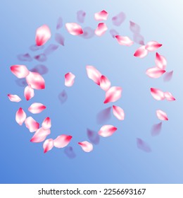 Spring blossom isolated petals flying on blue sky background. Japanese cherry flower parts falling vector pattern. Floral natural blossom soft petals illustration. Beauty studio concept.