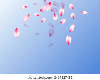 Spring blossom isolated petals flying on blue sky background. Garden bloom parts. Spring or summer light flower petals illustration. Japanese cherry flower parts falling vector pattern.