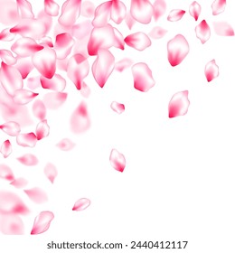 Spring blossom isolated petals flying windy blowing background. Japanese cherry flower parts falling vector pattern. Realistic peach flolwer petals natural decor. Close up bloom elements.