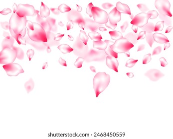 Spring blossom isolated petals flying windy blowing background. Japanese cherry flower parts falling vector pattern. SPA beauty illustration of sakura bloom petals. Cosmetics composition.