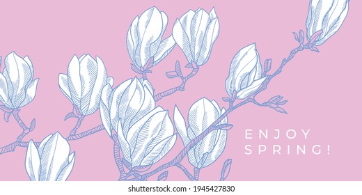 Spring blossom magnolia branch vector element for card, header, invitation, poster, social media, post publication.
