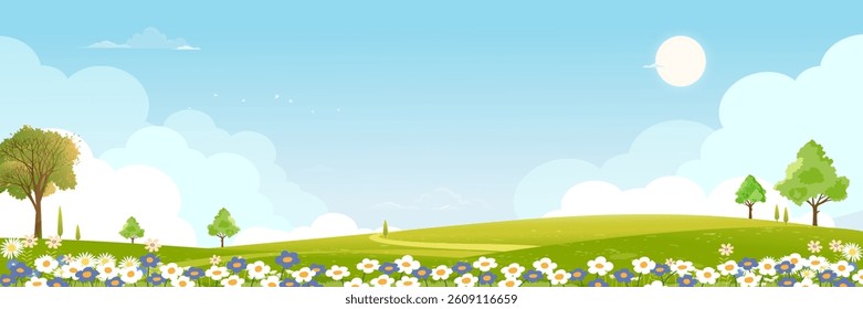 Spring Blossom Nature With Flower Tree And Sakura, Vector Landscape For Eco Concept, Pink Floral Background With Blooming Garden, Seasonal Park Illustration, Botanical Banner And Natural Beauty Design