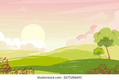 Spring Blossom Nature With Flower Tree And Sakura, Vector Landscape For Eco Concept, Pink Floral Background With Blooming Garden, Seasonal Park Illustration, Botanical Banner And Natural Beauty Design