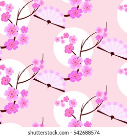  Spring blossom pattern Japanese or Chinese style with sakura flowers and Chinese fans.