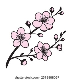 Spring blossom Sakura branch in doodle style. Hand drawn vector art.