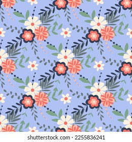 Spring blossom seamless pattern. Floral colorful background for textile, paper, packaging, wallpaper and design. Botanical foliage, herbs and flowers print. Vector illustration