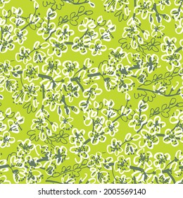 Spring blossom sketch seamless pattern in green and white colors. Textile vector tile rapport for fabric, wrap, surface, web and print design. 
