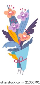 Frühlingsblüte und Sommerblüte, einzeln auf Blumenstrauß. Romantisches und elegantes Geschenk, Komposition mit Blättern und Blüten. Ausschreibung. Botanik zum Verkauf. Vektorgrafik im Flachstil