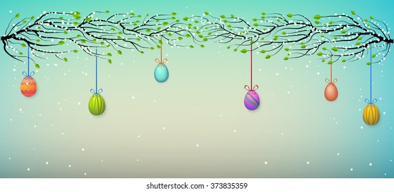 spring blossom tree branches decorated with hanging colored Easter eggs, vector