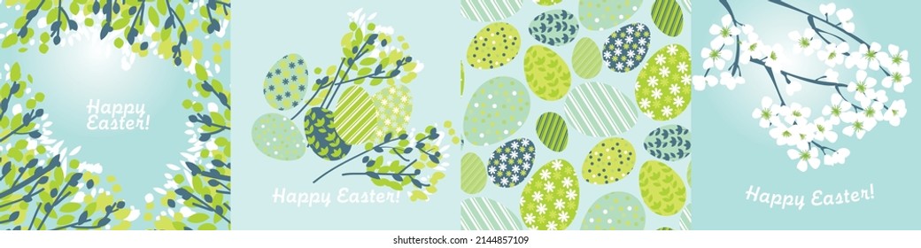 Spring blossom tree brunch for Easter greetings. Vector spring elements set for print and digital use. Blue and green nature colors postcard set. 
