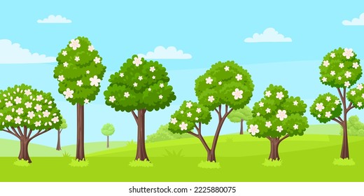 Frühlingsblüte Baumgarten Landschaft. Grüne verschiedenen Cartoons Blumen und Blüten. Blauer Himmel mit Wolken, Vektorlandschaft. Sakura, Pfirsich oder Apfelblüte