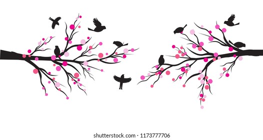 Spring blossom trees with birds. Vector decoration elements. Horizontal vector banner Japanese style EPS 10.