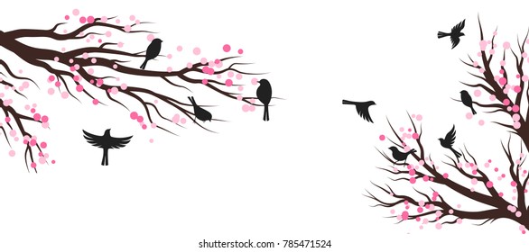 Spring blossom trees with birds. Vector decoration elements.. Horizontal vector banner.