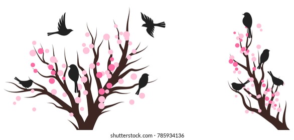 Spring blossom trees with birds. Vector decoration elements.. Horizontal vector banner.