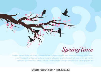 Spring blossom trees with birds. Vector decorative background.