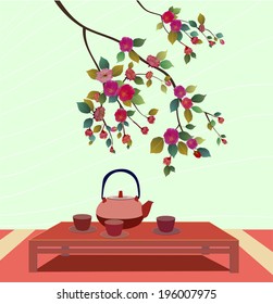 Spring blossom trees .Tea ceremony.Menu 