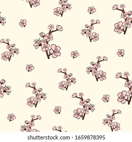 Frühlingsblüte Vintage nahtlose Muster. Kirsche, sakura rosa blühende Textur. Blumenzwiebeln auf schönem Hintergrund. Frühlingstextilien, Tapete-Design